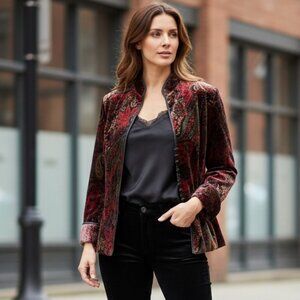MSK Velvet Paisley Button-Up Jacket Sz L Rich-Jewel-Tones Multicolor #238P